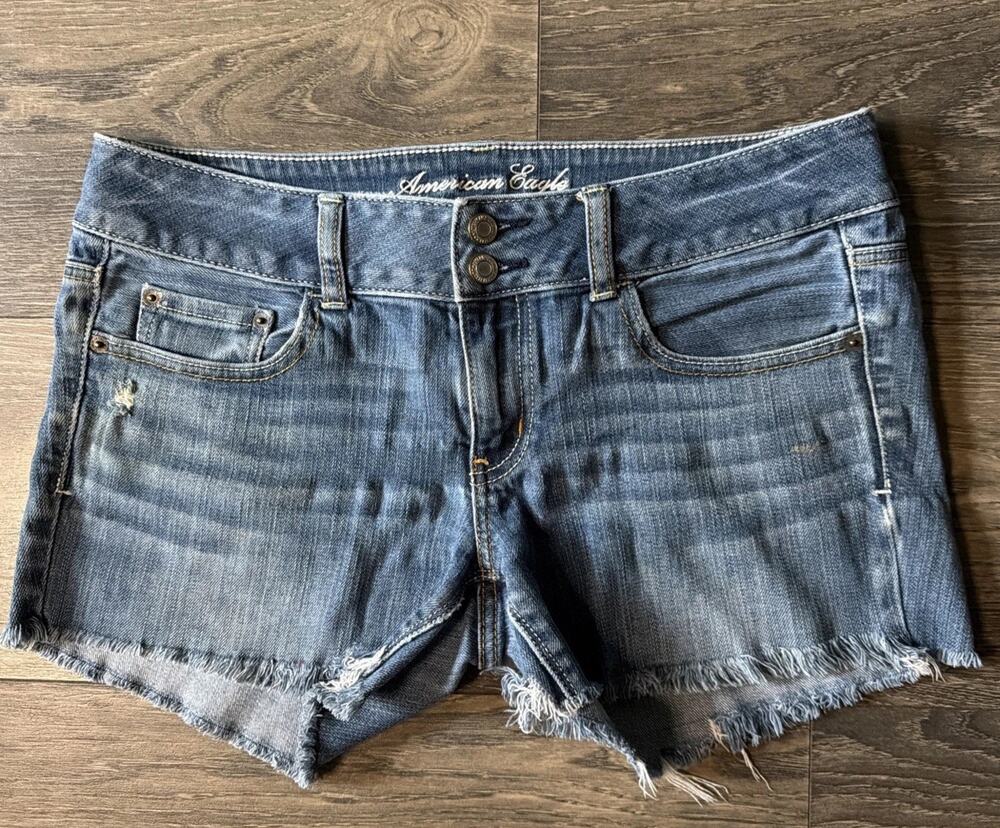 American Eagle Sz 10 Denim Cutoff Shorts Stretch Low Rise Frayed Y2K Distressed